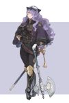  ai-wa alternate_costume armor axe battle_axe black_armor black_footwear boots border camilla_(fire_emblem) capelet fire_emblem fire_emblem_fates hair_over_one_eye high_heel_boots high_heels long_hair purple_background purple_eyes purple_hair sheath sheathed sword thigh_boots thighhighs tiara very_long_hair wavy_hair weapon white_border 