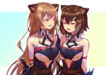  2girls ^_^ animal_ear_fluff animal_ears bangs breasts brown_hair cat_ears closed_eyes cosplay fish_hair_ornament fumino_tamaki furen_e_lustario furen_e_lustario_(cosplay) hair_ornament kemonomimi_mode large_breasts long_hair medium_breasts memusutasu multiple_girls nijisanji open_mouth red_eyes short_hair smile virtual_youtuber 