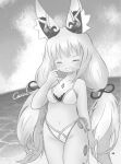  1girl animal_ears bikini breasts facial_mark greyscale gurumin_(gurruguru) highres long_hair low_twintails medium_breasts monochrome nia_(blade)_(xenoblade) nia_(xenoblade) ocean silver_hair solo spoilers swimsuit twintails very_long_hair xenoblade_chronicles_(series) xenoblade_chronicles_2 