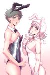  1boy 1girl :o alternate_costume animal_ears animal_hood armlet ass bangs bare_arms bare_shoulders black_bow black_leotard black_neckwear blunt_bangs blush bow bowtie breasts brown_eyes bunny_hood cleavage collarbone commentary cowboy_shot danganronpa_(series) danganronpa_2:_goodbye_despair detached_collar eyebrows_visible_through_hair fake_animal_ears fake_tail flipped_hair from_side green_eyes hand_up highres hinata_hajime hood hougu_(hougu_kmh) large_breasts leotard looking_at_viewer looking_to_the_side multicolored_leotard nanami_chiaki neck_ribbon official_alternate_costume open_mouth pectorals pink_hair playboy_bunny rabbit_ears rabbit_tail red_ribbon ribbon shiny shiny_clothes simple_background skindentation sweatdrop tail white_leotard 