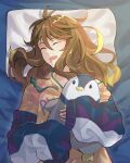  1girl absurdres amicia_michella blue_jacket brown_hair closed_eyes drooling eyebrows_visible_through_hair highres hood hoodie jacket long_hair lying nijisanji nijisanji_id on_back on_bed open_mouth pillow sleeping solo stuffed_animal stuffed_penguin stuffed_toy tarosicle virtual_youtuber yellow_hoodie 