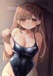  1girl breasts brown_eyes brown_hair cleavage closed_mouth collarbone commentary eyebrows_visible_through_hair highres kodama_(sakura_yuki) large_breasts long_hair looking_at_viewer one-piece_swimsuit original sakura_yuki_(clochette) solo swimsuit two_side_up wet 