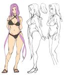  1girl ashiomi_masato breasts closed_mouth fate/hollow_ataraxia fate/stay_night fate_(series) groin long_hair looking_at_viewer medusa_(fate) medusa_(rider)_(fate) navel purple_eyes purple_hair sandals simple_background solo swimsuit toes very_long_hair white_background 