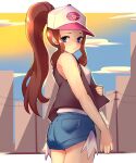  1340smile 1girl absurdres baseball_cap blue_eyes brown_hair brown_vest closed_mouth cloud commentary day denim denim_shorts eyelashes hat high_ponytail highres hilda_(pokemon) long_hair looking_at_viewer open_clothes open_vest outdoors pokemon pokemon_(game) pokemon_bw power_lines shirt short_shorts shorts sidelocks sky sleeveless sleeveless_shirt solo two-tone_headwear utility_pole vest white_shirt 