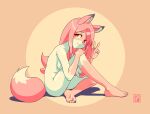  1girl absurdres animal_ears animal_nose artist_name barefoot body_fur brand_new_animal breasts completely_nude feet fox fox_ears fox_girl fox_tail full_body furry furry_female hand_on_own_knee highres hiwatashi_nazuna long_hair looking_at_viewer michirutnk multicolored_fur nude on_ground orange_background pink_fur pink_hair red_eyes shadow sideboob small_breasts snout solo tail two-tone_background v white_fur yellow_background 