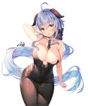  1girl ahoge aile_(crossroads) alternate_breast_size arm_behind_head arm_up armpits artist_name bangs bare_arms bare_shoulders between_breasts black_leotard blue_hair blush breasts brown_legwear cleavage covered_navel cowboy_shot detached_collar eyebrows_visible_through_hair ganyu_(genshin_impact) genshin_impact groin horns large_breasts leotard long_hair looking_at_viewer low_ponytail necktie pantyhose playboy_bunny_leotard sidelocks solo strapless strapless_leotard very_long_hair white_background 