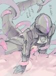  1boy ascot bondrewd coat erection gloves helmet highres long_sleeves made_in_abyss male_focus restrained simple_background solo_focus susume_yagisawa tail tentacle_sex tentacles tentacles_on_male 