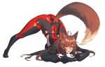  1girl animal_ears ass bangs black_gloves bodysuit breasts brown_eyes brown_hair eyebrows_visible_through_hair fox_ears fox_girl fumi_(nijisanji) gloves highres jack-o&#039;_challenge long_hair medium_breasts murechika nijisanji open_mouth ponytail smile solo tail top-down_bottom-up virtual_youtuber 