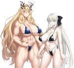  2girls abs absurdres ao_banana bangs bare_shoulders biceps bikini black_bikini black_bow blonde_hair blue_bikini blue_eyes blush bow braid breasts cleavage collarbone fairy_knight_gawain_(fate) fate/grand_order fate_(series) french_braid green_eyes grey_hair hair_bow heterochromia highres horns large_breasts long_hair looking_at_viewer morgan_le_fay_(fate) multiple_girls muscular muscular_female navel ponytail red_eyes sidelocks smile swimsuit thighs very_long_hair 