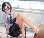  1girl adjusting_eyewear alternate_costume ariel_(kumo_desu_ga_nani_ka?) barefoot bespectacled black-framed_eyewear black_hair black_neckwear black_skirt blue_neckwear chair desk feet glasses highres kumo_desu_ga_nani_ka? loose_necktie multicolored_hair necktie nnn_(nonightnomad) pleated_skirt school_uniform shirt short_hair skirt sleeves_rolled_up slit_pupils solo streaked_hair striped striped_neckwear tile_floor tiles white_hair white_shirt window 