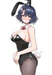  1girl absurdres animal_ears antenna_hair bare_shoulders black_legwear blush bow bowtie breasts cleavage cowboy_shot dark_blue_hair detached_collar fake_animal_ears full-face_blush highres idolmaster idolmaster_million_live! large_breasts looking_at_viewer looking_to_the_side no_bra off_shoulder pdal_(pdalhhh) playboy_bunny rabbit_ears rabbit_tail short_hair simple_background solo sweat tail toyokawa_fuuka wavy_hair white_background 