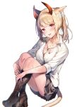  1girl :p animal_ears bangs black_skirt blonde_hair blush boots breasts brown_footwear cat_tail cleavage collarbone collared_shirt cross-laced_footwear crossed_ankles eyebrows_visible_through_hair facial_mark final_fantasy final_fantasy_xiv full_body heterochromia horns jewelry knee_boots knees_up lace-up_boots looking_at_viewer medium_breasts midorikawa_you miniskirt miqo&#039;te necklace pink_eyes ponytail red_eyes shirt short_hair short_ponytail sitting skirt sleeves_past_elbows smile solo tail tongue tongue_out whisker_markings white_shirt 