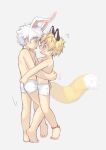  2boys :p absurdres ailu animal_ears barefoot beige_background blonde_hair blue_eyes bokustar_fox boxer_briefs extra_ears fox_boy fox_ears fox_tail highres hug imminent_kiss leg_up lifting_person male_focus male_underwear multiple_boys open_mouth original rabbit_boy rabbit_ears simple_background tail tongue tongue_out underwear white_hair yaoi 