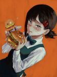  &gt;_o 1girl 1other apron bangs black_eyes blush bow bowtie burger chainsaw_man champi cheese closed_mouth collared_shirt crying fast_food fist_bump food hair_ornament hairclip higashiyama_kobeni highres holding holding_food lettuce looking_at_viewer mascot mole mole_on_cheek mole_under_eye multiple_moles nervous one_eye_closed orange_background ponytail shirt short_ponytail simple_background snot solo_focus star_(symbol) tears tomato white_shirt 