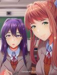  2girls absurdres blazer breasts brown_hair brown_jacket classroom doki_doki_literature_club green_eyes highres huge_filesize jacket large_breasts long_hair monika_(doki_doki_literature_club) multiple_girls ponytail purple_eyes purple_hair ribbon school_uniform selfie spookypicklez white_ribbon yuri_(doki_doki_literature_club) 