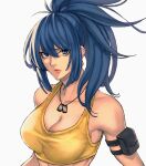  1girl armlet bangs bare_shoulders blue_eyes blue_hair breasts cleavage dog_tags high_ponytail kthovhinao_virmi leona_heidern long_hair looking_at_viewer ponytail pouch simple_background solo tank_top the_king_of_fighters the_king_of_fighters_xiv the_king_of_fighters_xv yellow_tank_top 