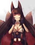  1girl akagi_(azur_lane) animal_ear_fluff animal_ears azur_lane bangs black_gloves black_kimono blunt_bangs breasts brown_hair cleavage cleavage_cutout clothing_cutout collarbone commentary_request eyebrows eyebrows_visible_through_hair fox_ears fox_girl fox_tail gloves hair_ornament hakama hakama_skirt half-closed_eyes hands_on_own_face highres japanese_clothes kimono kitsune kyuubi large_breasts long_hair long_sleeves looking_at_viewer multiple_tails mutsuki_albino obi open_mouth red_eyes red_hakama sash sidelocks simple_background skirt slit_pupils smile smirk smug solo tail teeth very_long_hair white_background wide_sleeves yandere 