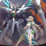  1girl bangs bare_legs bare_shoulders blonde_hair breasts chest_jewel cleavage cleavage_cutout clothing_cutout dress earrings elbow_gloves gloves highres jewelry large_breasts long_hair mythra_(xenoblade) short_dress siren_(xenoblade) solo swept_bangs thigh_strap tiara user_rzfk3752 very_long_hair white_dress white_footwear white_gloves xenoblade_chronicles_(series) xenoblade_chronicles_2 yellow_eyes 