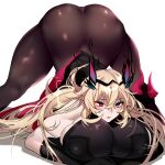  1girl absurdres arm_rest armor ass blonde_hair bodystocking breasts brown_bodysuit chain eyebrows_visible_through_hair fairy_knight_gawain_(fate) fate/grand_order fate_(series) flexible full_body gauntlets gloves green_eyes hands_on_ground heterochromia highres horns huge_breasts jack-o&#039;_challenge long_hair looking_ahead makuro pauldrons pelvic_curtain red_eyes shoulder_armor simple_background single_gauntlet single_pauldron solo spread_legs stretch tall_female top-down_bottom-up white_background wide_spread_legs 