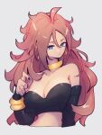  1girl android_21 bare_shoulders black_nails blue_eyes breasts choker cleavage closed_mouth collarbone dragon_ball dragon_ball_fighterz earrings grey_background hair_between_eyes hoop_earrings jewelry kemachiku long_hair looking_at_viewer majin_android_21 medium_breasts nail_polish red_hair simple_background solo upper_body yellow_choker 