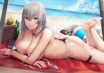 1girl apple ass bangs bare_shoulders beach bikini black_bikini blue_eyes blue_sky blush book bottle breasts cleavage collarbone commentary_request eden_grenze feet food fruit grey_hair grin heterochromia jewelry kageshio_(276006) large_breasts legs looking_at_viewer lying medium_hair necklace on_stomach picnic_basket red_eyes sandals shore silver_(eden) sky smile solo swimsuit untied untied_bikini 