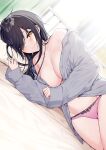  1girl bare_shoulders bed black_hair breasts cleavage ear_piercing grey_shirt groin highres hospital_bed itohana large_breasts long_hair long_sleeves looking_at_viewer lying navel no_bra no_pants off_shoulder on_side open_clothes open_shirt orange_eyes original panties piercing pillow pink_panties shirt smile solo thighs underwear 