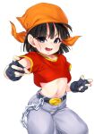  1girl :d bandana belt black_eyes black_gloves black_hair chain dragon_ball dragon_ball_gt fighting_stance fingerless_gloves gloves grey_pants midriff navel open_mouth pan_(dragon_ball) pants red_shirt rom_(20) shirt simple_background smile solo t-shirt upper_body v-shaped_eyebrows white_background 