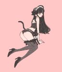  1girl all_fours animal ass backless_outfit black_bow black_bra black_footwear black_hair black_panties bonnet bow bra cat closed_eyes fishnets from_behind high_heels highres lace lace_panties lingerie long_hair original panties pink_background rikuwo solo thighhighs tongue tongue_out underwear underwear_only 