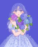  1girl blue_flower crying crying_with_eyes_open dress floral_dress floral_print flower highres holding holding_flower hydrangea leaf original puffy_short_sleeves puffy_sleeves purple_background purple_dress purple_eyes purple_flower purple_hair rikuwo short_sleeves solo teardrop tears watery_eyes 