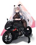  1girl aegir_(azur_lane) armored_boots azur_lane bare_shoulders black_footwear bmw bodystocking boots breast_curtains breasts cleavage cross cross_earrings demon_horns earrings full_body ground_vehicle highres horns impossible_clothes iron_cross jewelry knee_boots large_breasts long_hair looking_at_viewer motor_vehicle motorcycle multicolored_hair red_hair ru_yan simple_background single_knee_boot skin_tight skindentation streaked_hair two-tone_hair very_long_hair white_hair yellow_eyes 