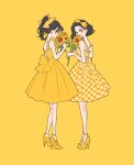  2girls back_bow bangs black_hair bob_cut bow brown_eyes color_coordination dress fashion flower from_behind gingham hair_bow headband high_heels highres holding holding_flower matching_outfit multiple_girls original ponytail rikuwo smelling_flower sundress sunflower yellow_background yellow_bow yellow_dress yellow_flower yellow_theme 