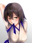  1girl alternate_hair_length alternate_hairstyle arm_behind_head arm_up breasts brown_eyes brown_hair japanese_clothes kaga_(kancolle) kantai_collection large_breasts md5_mismatch mouth_hold parazan_d short_hair solo tasuki upper_body 