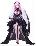  1girl alternate_costume bare_legs black_dress black_footwear black_gloves breasts bridal_veil center_opening closed_mouth clothing_cutout dress earrings frilled_dress frills full_body gloves holding holding_scythe holding_weapon hololive hololive_english jewelry large_breasts long_hair looking_at_viewer mori_calliope pink_eyes pink_hair scythe see-through shoes shoulder_cutout simple_background sketch skull solo standing straight_hair thighs tiara unfinished veil virtual_youtuber weapon wedding_dress white_background yaguo 