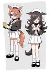  2girls animal_ears black_shirt blue_eyes border brown_hair cardcaptor_sakura full_body game_boy grey_background hair_between_eyes hair_over_one_eye hakinikui_kutsu_no_mise handheld_game_console hat holding horse_ears horse_girl horse_tail kneehighs long_hair mary_janes multiple_girls narita_taishin_(umamusume) pleated_skirt purple_eyes rice_shower_(umamusume) sailor_collar sailor_hat school_uniform serafuku shirt shoes short_hair skirt standing tail tomoeda_elementary_school_uniform two-tone_background umamusume white_border white_headwear white_legwear white_sailor_collar white_skirt 