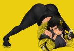  all_fours black_hair black_legwear breasts dark-skinned_female dark_skin highres jack-o&#039;_challenge jacket large_breasts leggings lilith_(lilycious) lilycious original phone spread_legs tongue tongue_out top-down_bottom-up 