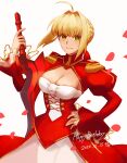  1girl absurdres aestus_estus ahoge bangs blonde_hair braid breasts cleavage cleavage_cutout clothing_cutout dated dress epaulettes fate/extra fate_(series) french_braid green_eyes hair_bun hair_intakes hair_ribbon happy_birthday highres juliet_sleeves kankitsurui_(house_of_citrus) large_breasts long_hair long_sleeves looking_at_viewer nero_claudius_(fate) nero_claudius_(fate/extra) petals puffy_sleeves red_dress red_ribbon ribbon smile solo sword weapon 