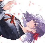  1girl bangs black_shirt breasts fate/stay_night fate_(series) floating_hair from_side hair_ribbon hand_up highres long_hair long_sleeves matou_sakura medium_hair neck_ribbon parted_lips petals purple_eyes purple_hair red_ribbon ribbon sailor_collar shimatori_(sanyyyy) shiny shiny_hair shirt simple_background solo symbol-only_commentary teeth upper_body 