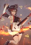  1girl :d arm_up armpits bangs black_hair breasts chinese_clothes cleavage commentary_request dark_skin detached_sleeves eyebrows_visible_through_hair eyeshadow fire genshin_impact guitar hair_between_eyes highres holding holding_instrument instrument long_hair looking_at_viewer makeup multicolored_hair music open_mouth orange_eyes playing_instrument shika_(user_maag8288) sidelocks smile solo standing standing_on_one_leg streaked_hair twintails xinyan_(genshin_impact) 