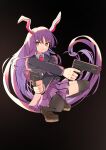  1girl absurdres animal_ears black_background black_legwear blazer brown_eyes collared_shirt dual_wielding eyebrows_visible_through_hair gun hair_between_eyes highres holding holding_gun holding_weapon jacket light_purple_hair loafers looking_at_viewer necktie pink_skirt pleated_skirt rabbit_ears red_neckwear reisen_udongein_inaba shirt shoes skirt solo squatting tamagogayu1998 touhou weapon white_shirt 