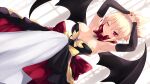  1girl ;) armpits arms_up bare_shoulders bat_wings black_dress black_wings blonde_hair breasts cait_aron cleavage closed_mouth commentary disgaea dress highres jewelry large_breasts looking_at_viewer makai_senki_disgaea_2 one_eye_closed ponytail red_neckwear ring rozalin short_hair sidelocks smile solo wings 