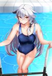  1girl absurdres armpits bangs breasts closed_mouth competition_swimsuit fu_hua fu_hua_(herrscher_of_sentience) hair_between_eyes highres honkai_(series) honkai_impact_3rd lion_space long_hair looking_at_viewer multicolored_hair nail_polish one-piece_swimsuit pool red_eyes red_nails small_breasts solo streaked_hair swimsuit water white_hair 