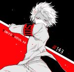  1boy awara_kayu bangs black_armband blood commentary_request copyright_name floating_hair hair_ornament holding holding_weapon jacket looking_at_viewer male_focus monochrome number pants red_armband short_hair simple_background solo stitches suzuya_juuzou tokyo_ghoul tokyo_ghoul:re weapon x_hair_ornament 