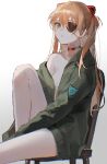 1girl absurdres bangs bare_shoulders black_eyepatch blue_eyes brown_hair chair collar collarbone commentary evangelion:_3.0+1.0_thrice_upon_a_time eyepatch green_jacket hair_between_eyes hair_ornament highres jacket leg_up long_hair long_sleeves looking_at_viewer naked_jacket neon_genesis_evangelion oyuyu parted_lips rebuild_of_evangelion simple_background sitting solo souryuu_asuka_langley two_side_up white_background 
