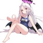  1girl ahoge bangs blue_archive blush crossed_legs demon_horns demon_wings feet halo highres hina_(blue_archive) horns long_hair looking_to_the_side multiple_horns old_school_swimsuit parted_bangs prossss purple_eyes purple_horns school_swimsuit sitting solo strap_slip swimsuit white_background white_hair wings 
