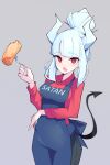  1girl absurdres alternate_hairstyle apron bangs black_apron black_pants blunt_bangs breasts character_name collared_shirt demon_girl demon_horns demon_tail eyebrows_visible_through_hair food fork goat_king hair_up helltaker highres holding holding_fork horns large_breasts long_hair long_sleeves looking_at_viewer lucifer_(helltaker) no_mole open_mouth pancake pants red_eyes red_shirt shirt simple_background solo tail white_hair white_horns 