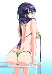  1girl ass bare_shoulders bikini blue_eyes blue_hair ears green_bikini highres long_hair looking_at_viewer looking_back original shiny shiny_hair shiny_skin simple_background sitting suzutsuki_kurara swimsuit teeth thong_bikini undressing 