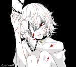  2boys androgynous awara_kayu bangs bell big_madame_(tokyo_ghoul) black_background blood blood_on_chest blood_on_face blood_on_leg bracelet chain chained collar collarbone commentary_request hand_on_another&#039;s_face jewelry male_focus metal_collar multiple_boys neck_bell off_shoulder red_eyes ring shirt short_hair solo_focus spoilers spot_color suzuya_juuzou tokyo_ghoul twitter_username upper_body 