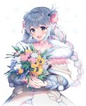  1girl :d aqua_hair bangs bouquet braid brown_eyes character_name commentary double_bun english_commentary flower fur_trim hair_bun hair_intakes hair_ornament highres holding holding_bouquet long_hair looking_at_viewer multicolored_hair open_mouth pink_hair satchely seru_kisen smile solo two-tone_hair upper_body virtual_youtuber virtuality_project 