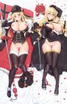  1girl arm_above_head armpits asymmetrical_clothes azur_lane bismarck_(azur_lane) bismarck_(beacon_of_the_ironblood)_(azur_lane) bismarck_(coat_of_arms) black_cape black_dress black_gloves black_legwear blonde_hair blue_eyes breasts breasts_outside brown_jacket cape censored coat_of_arms cocktail_dress dakimakura_(medium) dress elbow_gloves evening_gown fingerless_gloves flagpole fur-trimmed_cape fur-trimmed_legwear fur_trim gloves hair_between_eyes hand_on_own_chest hat heart heart_censor highres jacket large_breasts long_hair military military_uniform nipples no_panties official_alternate_costume peaked_cap solo sword thighhighs thighs uniform washout008 weapon white_gloves 