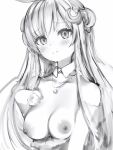  1girl blush breasts closed_mouth copyright_request crescent crescent_hair_ornament crescent_necklace greyscale hair_ornament hand_up highres jewelry long_hair looking_at_viewer medium_breasts monochrome nanashi_(nlo) necklace nipples simple_background smile solo virtual_youtuber white_background 